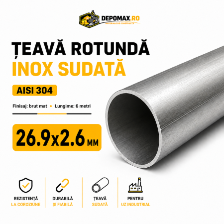 Teava rotunda inox sudata AISI 304, 26.9 x 2.6 mm, 6 metri